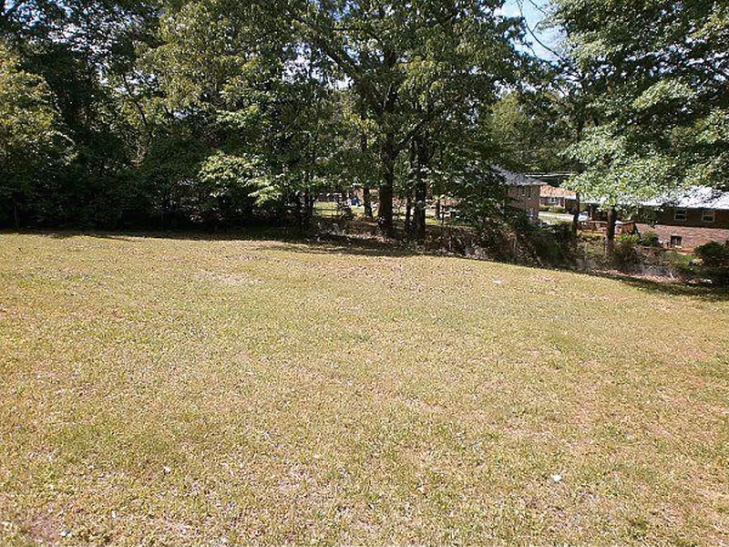 A grassy open yard with trees and brick buildings visible in the background.