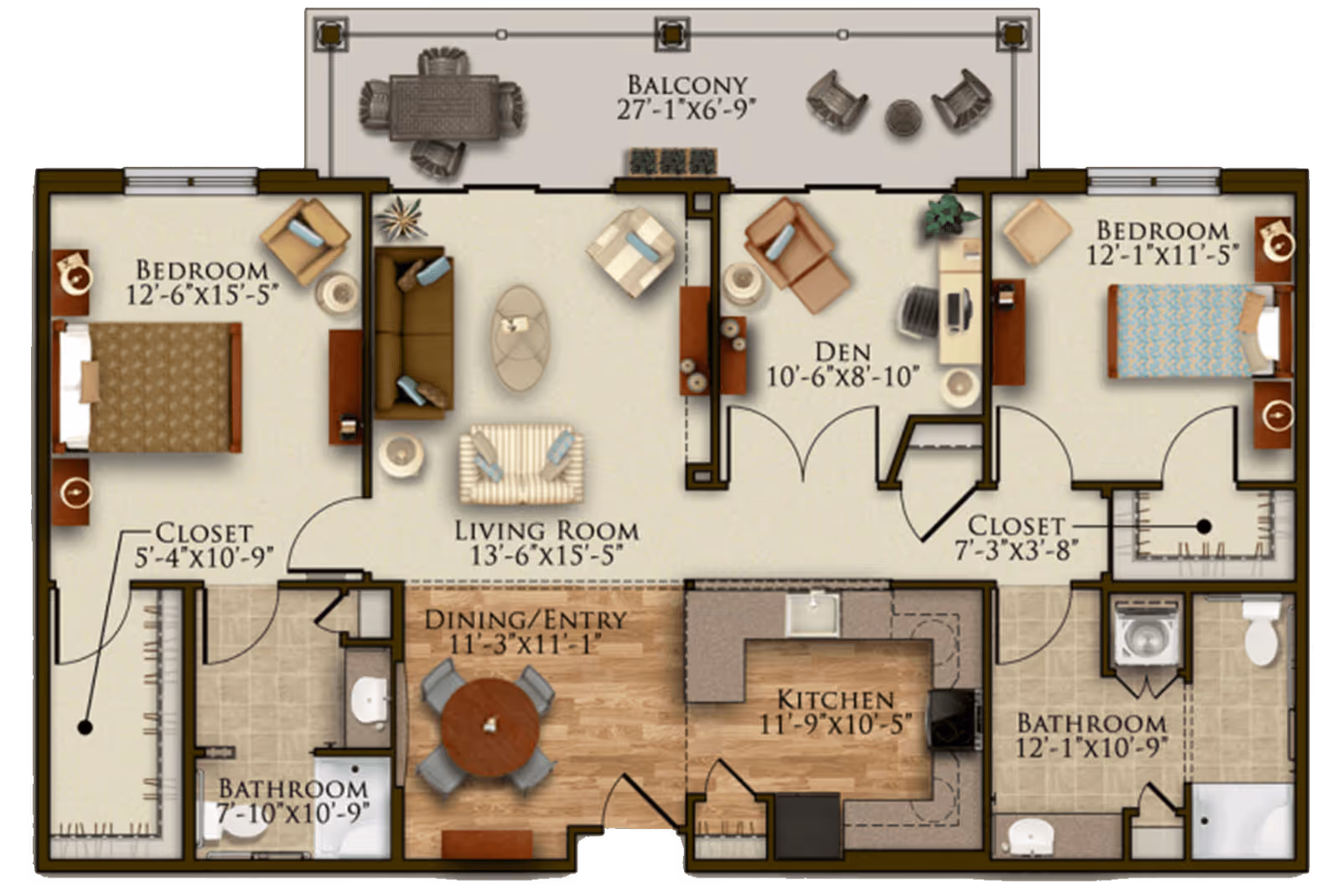Floor plan of a residential unit at Harmony at Chantilly showing two bedrooms, two bathrooms, a living room, a den, a kitchen, a dining/entry area, closets, and a balcony with outdoor seating.