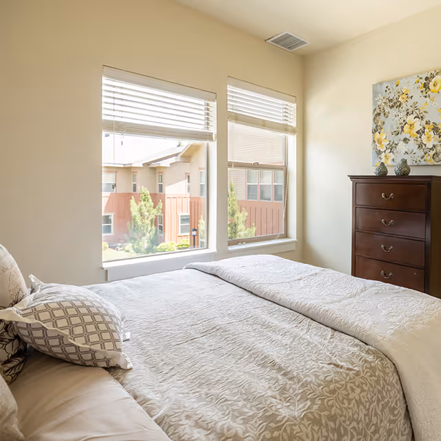 A bright bedroom with a neatly made bed featuring patterned pillows and a light-colored bedspread. Two large windows with white blinds allow natural light to fill the room, showing a view of neighboring buildings and greenery outside. A dark wooden chest of drawers stands against the wall, topped with decorative items and a floral painting above it.