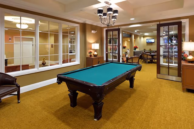 Interior view of a senior living facility game room featuring a pool table with green felt in the center. The room has beige walls, carpeted floor, and a chandelier overhead. There are glass double doors leading to another room with tables and chairs, and windows looking into an adjacent room. Lamps and decorative plants are placed on wooden side tables.