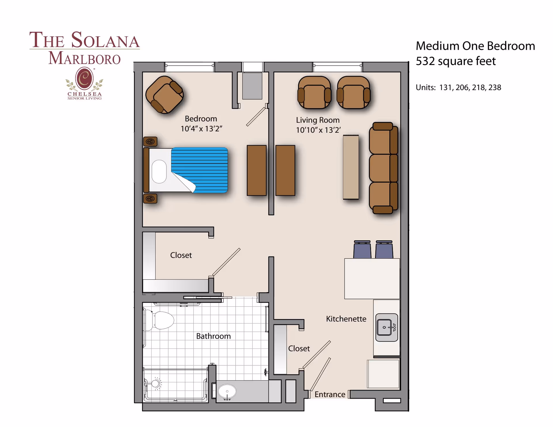 Floor plan of a medium one-bedroom (532 sq ft) unit showing bedroom, living room, kitchenette, bathroom, closets and entrance.