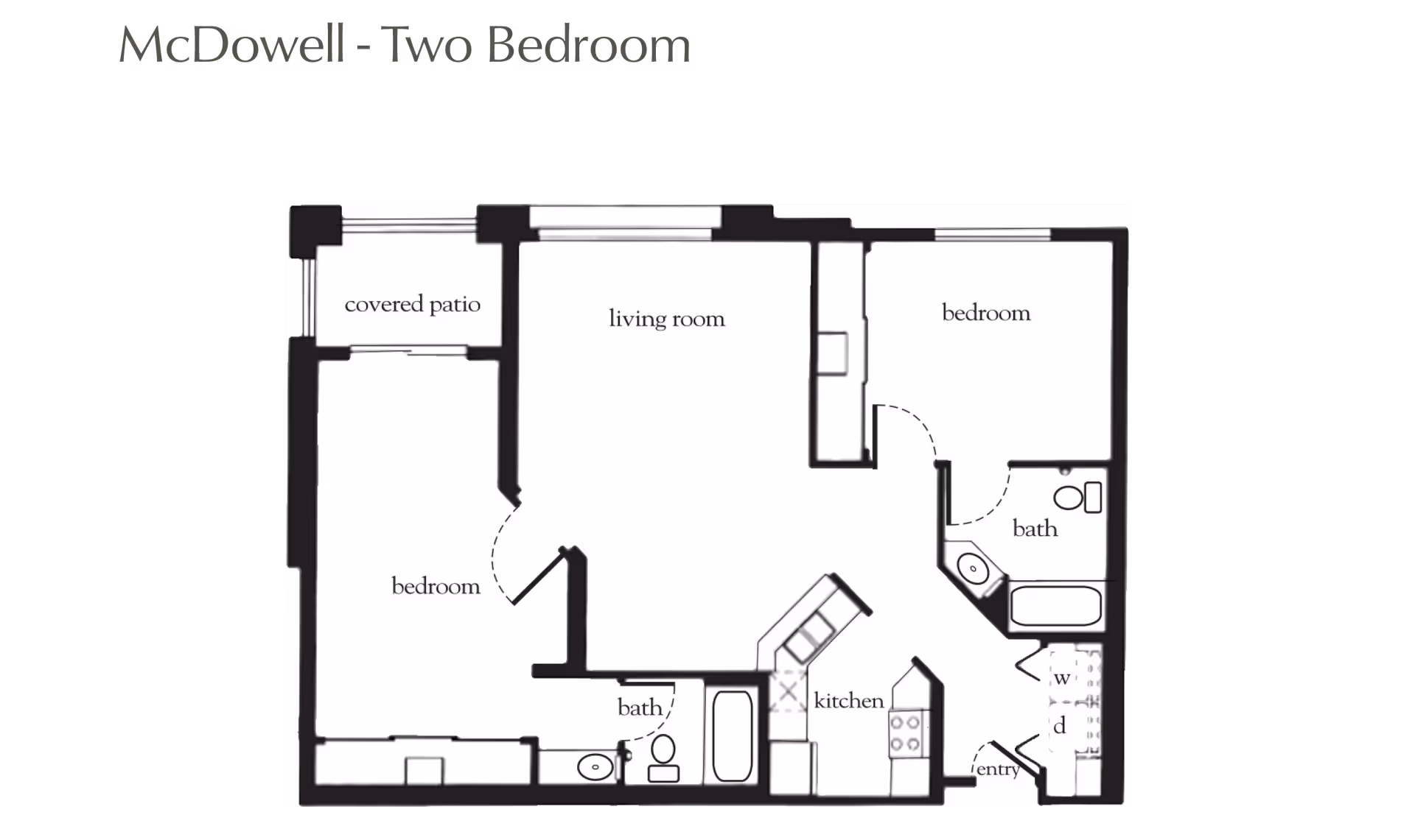 Floor plan of McDowell two-bedroom apartment featuring a covered patio, living room, kitchen, two bedrooms, two bathrooms, and an entry area with washer and dryer.