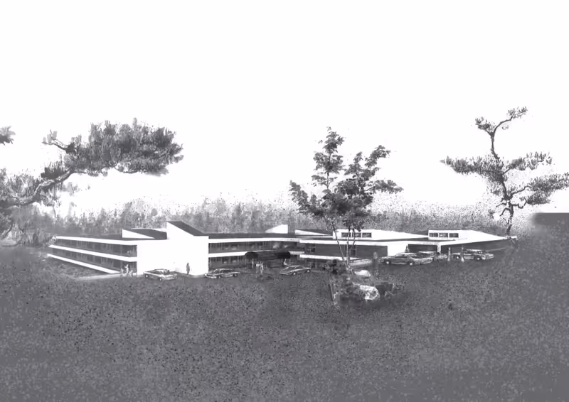 Black-and-white architectural rendering of a low-rise assisted living building with trees and parked cars in front.