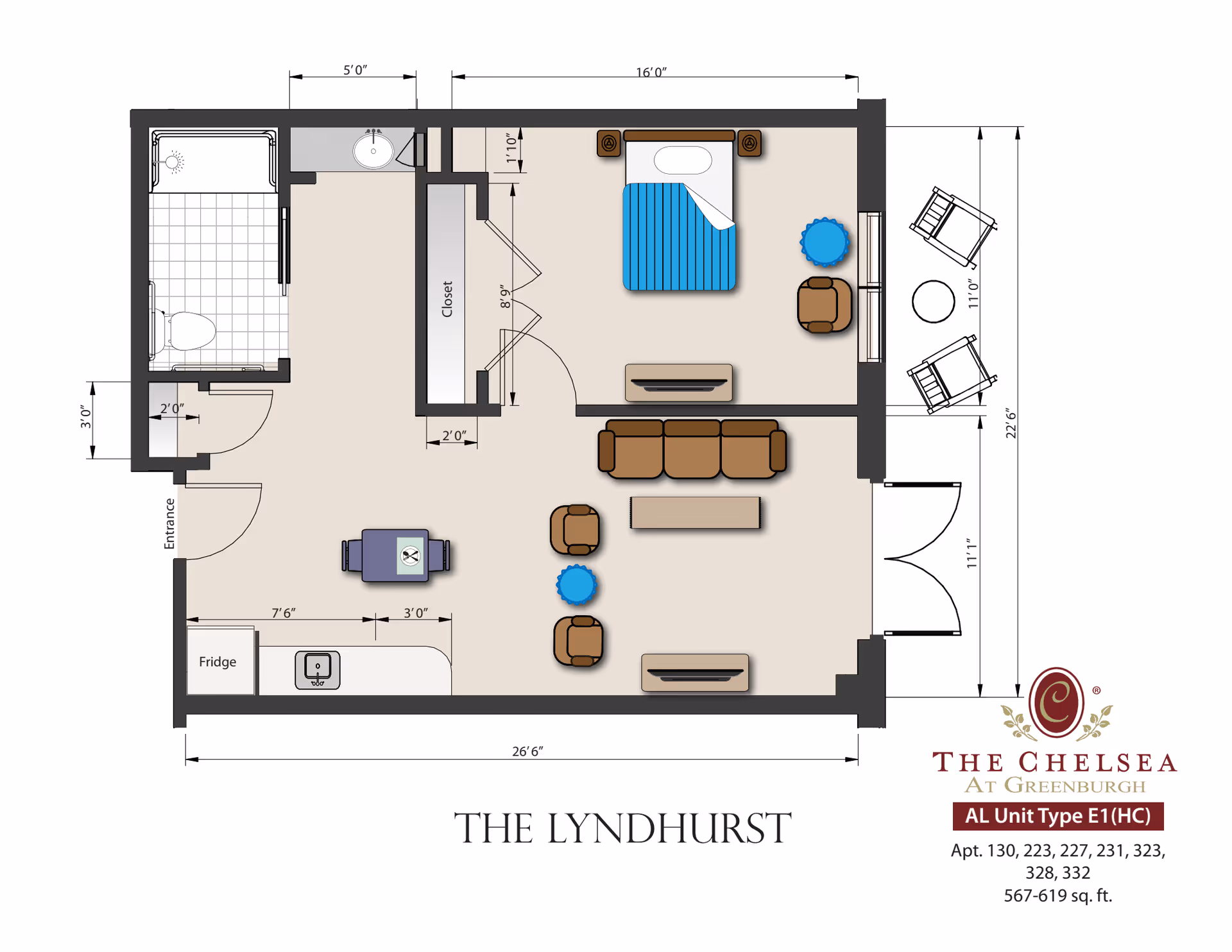 Floor plan of The Lyndhurst unit at The Chelsea at Greenburgh showing a layout with a bedroom containing a bed, two chairs, a small table, and a dresser. The living area includes a sofa, two chairs, a coffee table, and a TV stand. The kitchen area has a fridge, sink, and a small dining table with two chairs. There is a bathroom with a shower, toilet, and sink, and a closet near the bedroom. The plan includes measurements for each area and a small balcony with two chairs and a table.