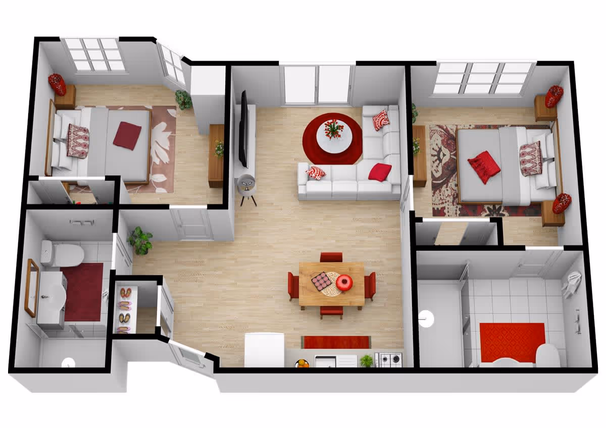 3D floor plan of a residential unit featuring two bedrooms, a living room with a sectional sofa and TV, a dining area with a table and four chairs, a kitchen with appliances, and two bathrooms. The bedrooms have beds with red and white bedding and decorative rugs. The living room has a round red rug and a coffee table with flowers. The kitchen and bathrooms have tiled floors, while the rest of the unit has wooden flooring.