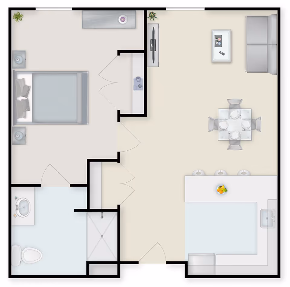 Top-down floor plan of a one-bedroom apartment with a bedroom, bathroom, open living/dining area and kitchen.