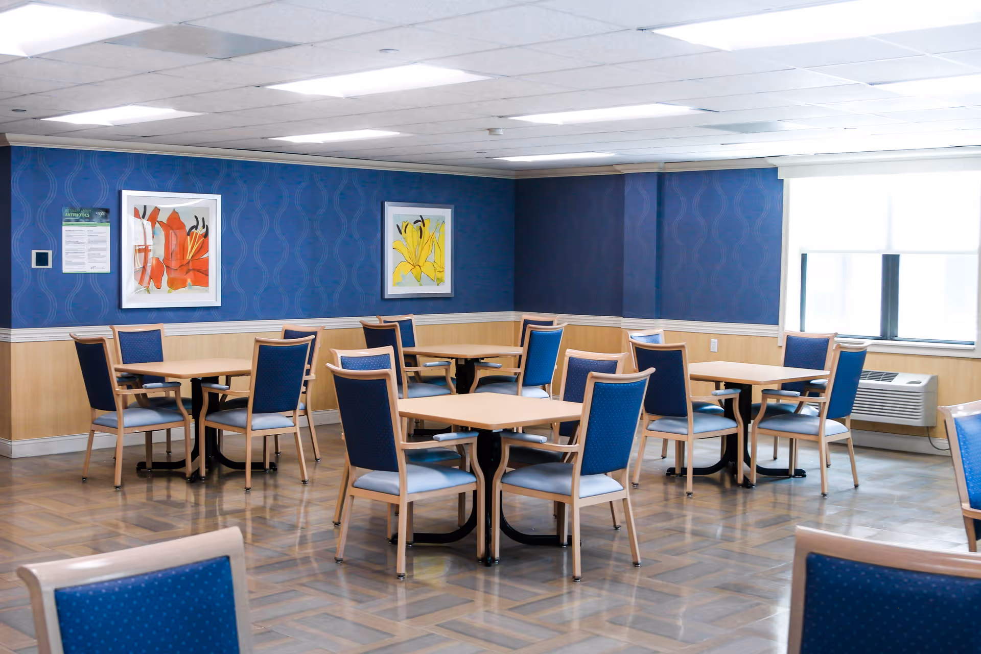 A dining room with several square wooden tables and blue cushioned chairs arranged neatly. The walls are decorated with blue patterned wallpaper and two framed floral paintings, one with red flowers and the other with yellow flowers. There is a window with a white blind partially drawn and an air conditioning unit below it.