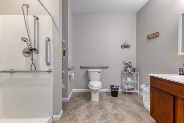 A clean and accessible bathroom featuring a white toilet with a grab bar behind it, a walk-in shower with a handheld showerhead and grab bars, a wooden vanity with a sink, a small white shelving unit with decorative items, a laundry basket, and neutral-colored walls and flooring.