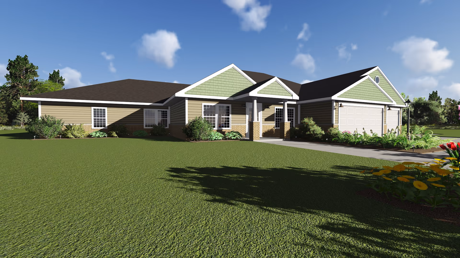 Exterior view of a single-story residential building with a green lawn in front, featuring a covered entrance supported by columns and a two-car garage. The building has beige siding with green gable accents and a dark roof under a partly cloudy blue sky.