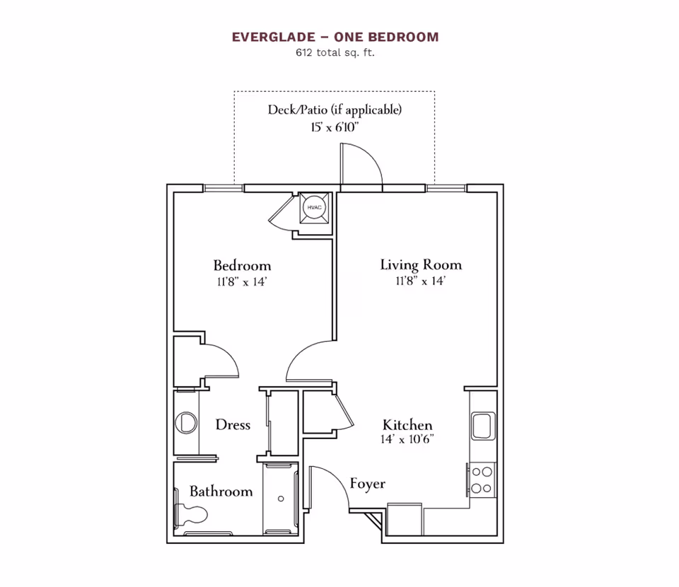 Floor plan of a one-bedroom apartment named Everglade with a total area of 612 square feet. The layout includes a bedroom measuring 11 feet 8 inches by 14 feet, a living room of the same size, a kitchen measuring 14 feet by 10 feet 6 inches, a bathroom, a dressing area, a foyer, and an optional deck or patio measuring 15 feet by 6 feet 10 inches.