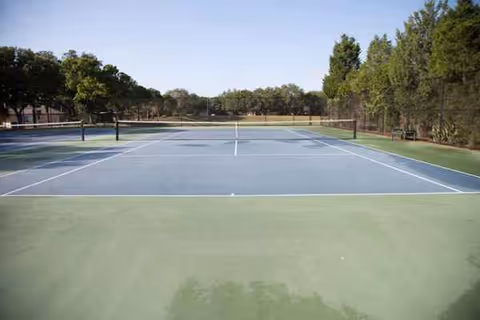 Outdoor tennis court with net, surrounded by trees and fencing.