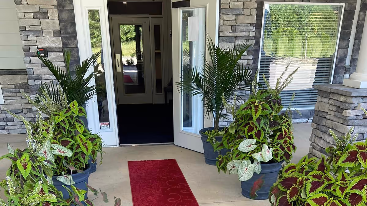 Entrance to a building with open glass double doors, flanked by stone walls and several potted green plants on either side. A red welcome mat is placed on the concrete floor leading inside.