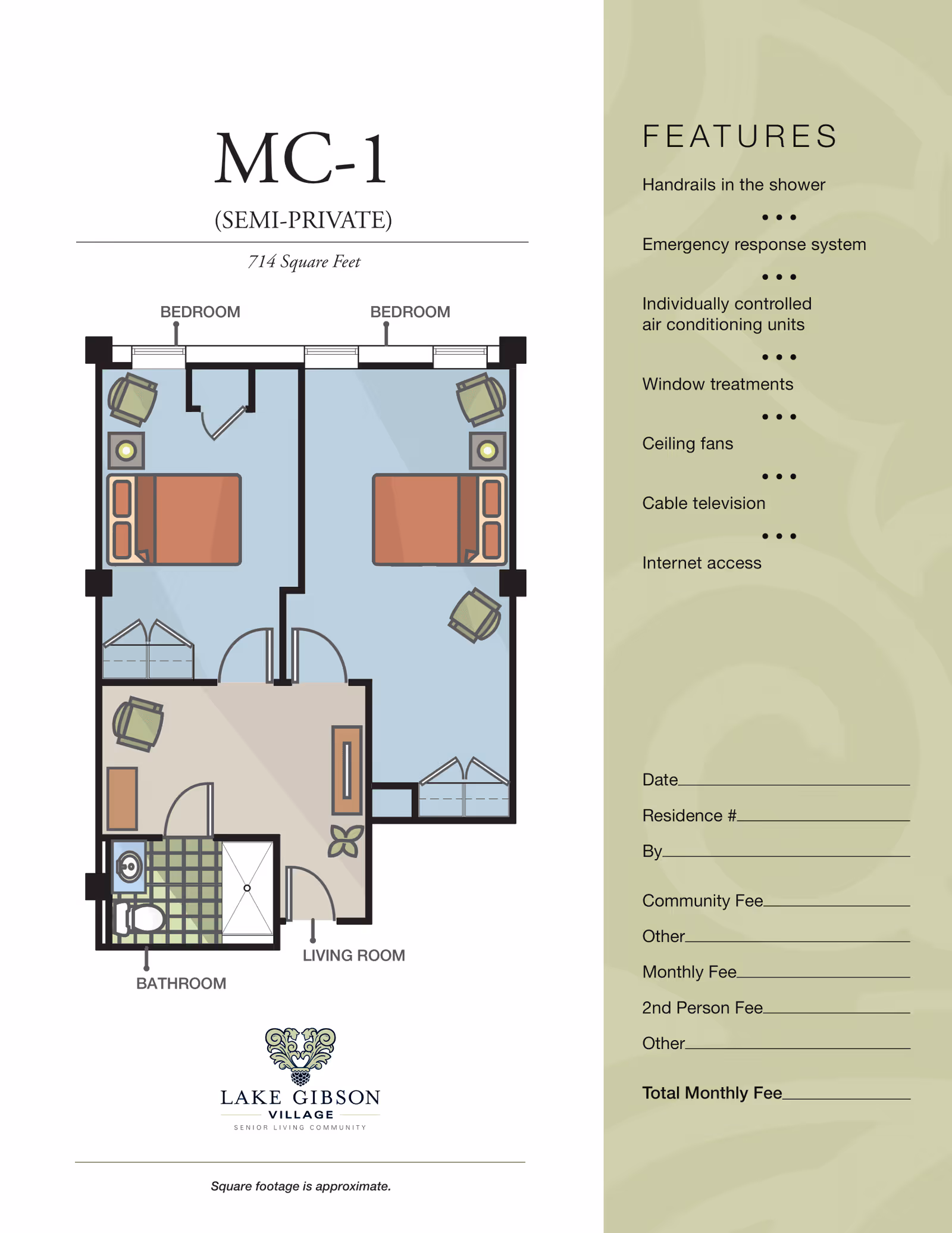 Floor plan of a semi-private MC-1 unit at Lake Gibson Village showing two bedrooms, a bathroom, and a living room. The plan includes furniture placement such as beds, chairs, and tables. Features listed include handrails in the shower, emergency response system, individually controlled air conditioning units, window treatments, ceiling fans, cable television, and internet access. There is space for filling in date, residence number, fees, and other details.