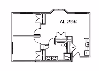 Architectural floor plan layout labeled AL 2BR showing a two-bedroom apartment with a kitchen, bathroom, and living area.