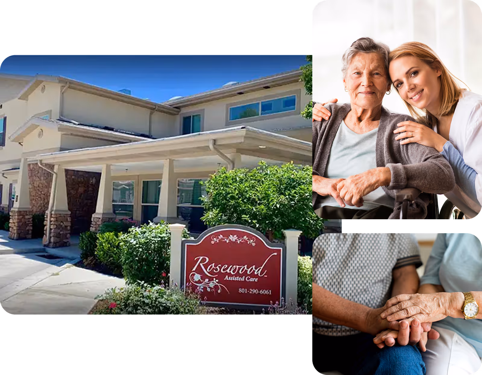 Exterior shot of Rosewood Assisted Care showing the building entrance and scenes of caregivers with elderly residents.