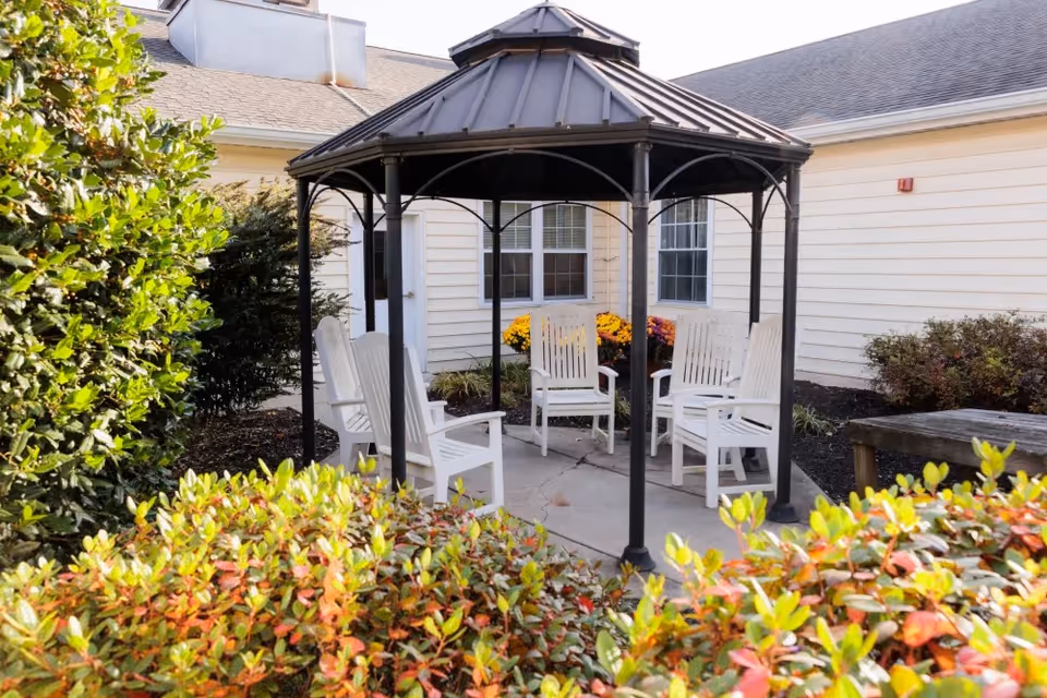 Outdoor patio area with a black metal gazebo covering four white wooden chairs arranged in a circle. The patio is surrounded by green and reddish bushes, with a beige building wall and windows in the background. There are also some colorful flowers near the building.