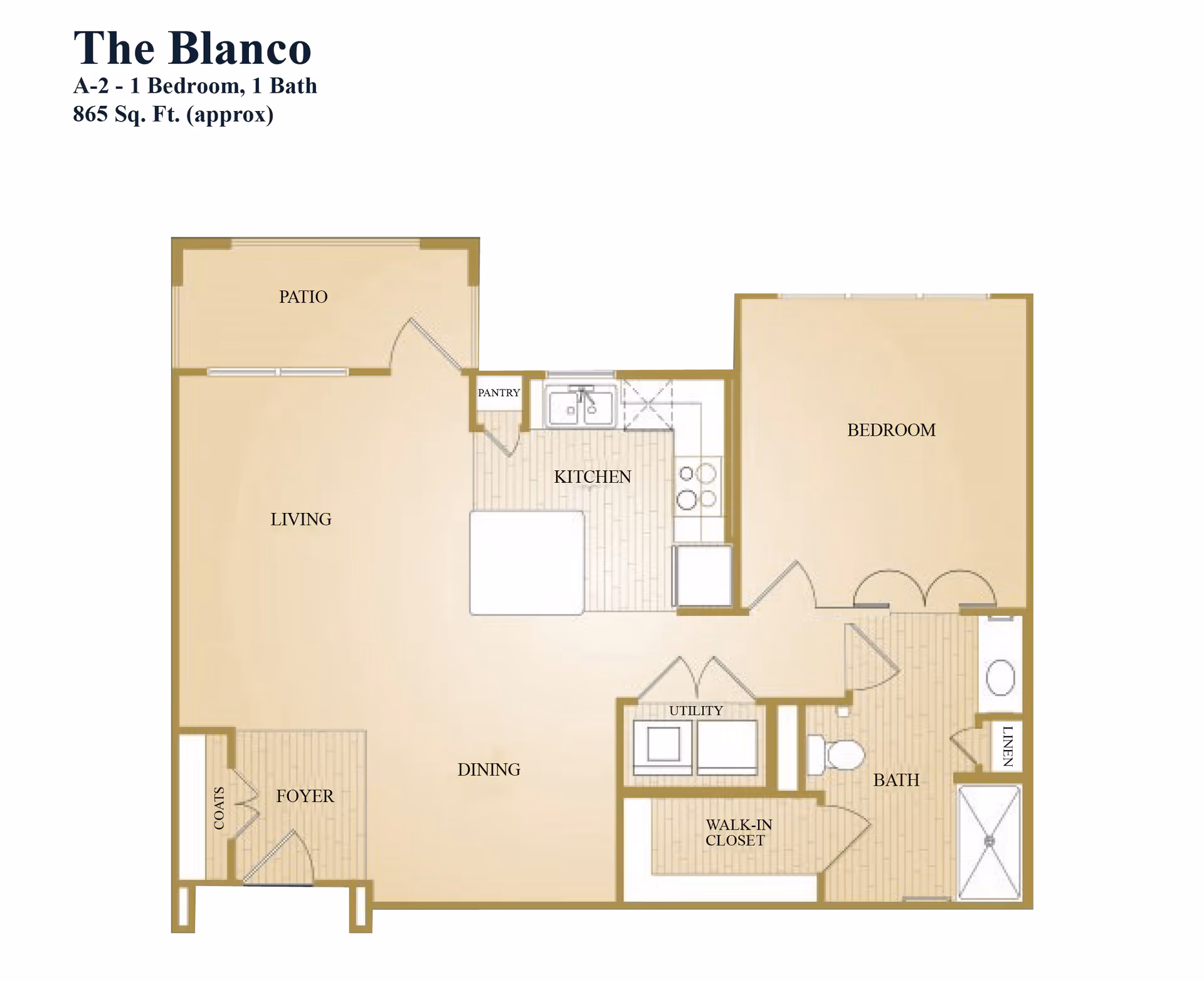 Floor plan of The Blanco, a 1 bedroom, 1 bath apartment with approximately 865 square feet. The layout includes a patio, living area, kitchen with pantry, dining area, foyer with coat closet, bedroom, bathroom with linen closet, utility room, and walk-in closet.