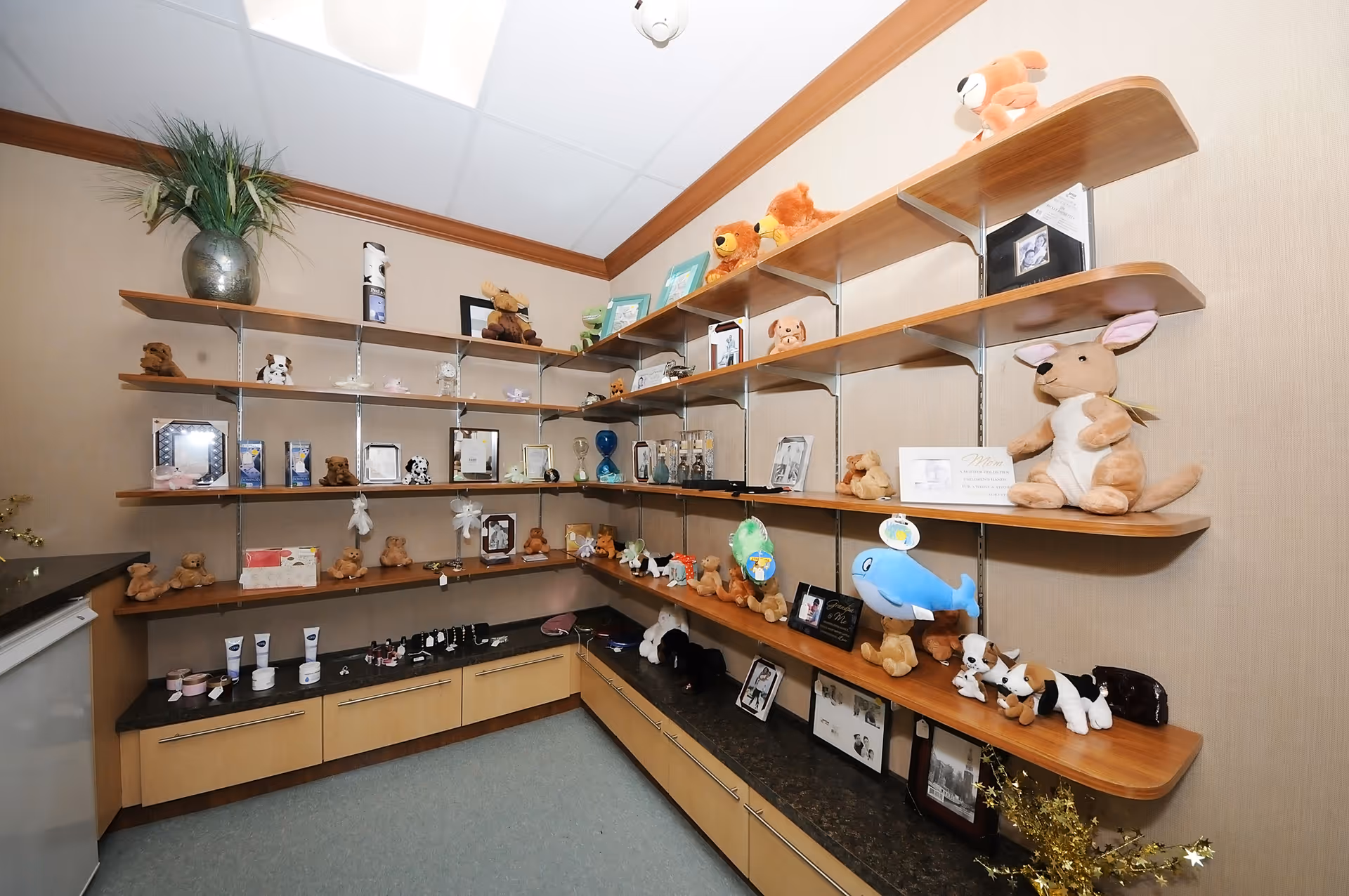 A corner room with multiple wooden shelves mounted on the walls displaying various stuffed animals, framed photos, small trophies, and decorative items. The room has beige walls, a gray carpeted floor, and a white ceiling with fluorescent lighting. There is a small white refrigerator on the left side and a black countertop beneath the shelves.