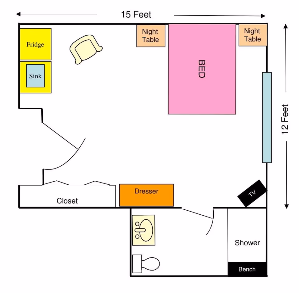 Floor plan of a room measuring 15 feet by 12 feet, showing a bed with two night tables, a dresser, a closet, a fridge and sink area, a chair, a TV, and a bathroom with a sink, toilet, shower, and bench.