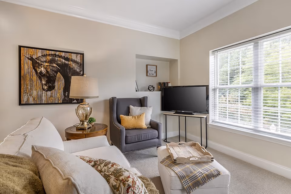 A cozy living room with a beige sofa adorned with patterned and solid pillows, a dark gray armchair with two pillows, a wooden side table with a glass lamp, a flat-screen TV on a slim black stand, and a large window with white blinds letting in natural light. A framed painting of a horse hangs on the wall above the side table, and a wooden tray with a plaid cloth is placed on a cushioned ottoman in front of the sofa.