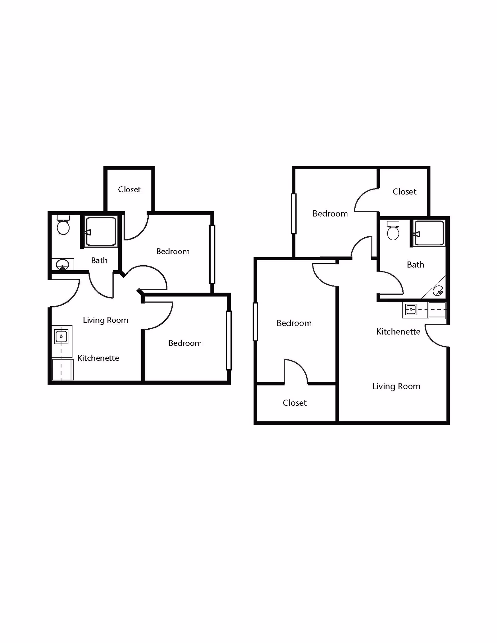 Black and white architectural floor plans showing two apartment layouts, each with bedrooms, closets, bathrooms, kitchenettes, and living rooms labeled.