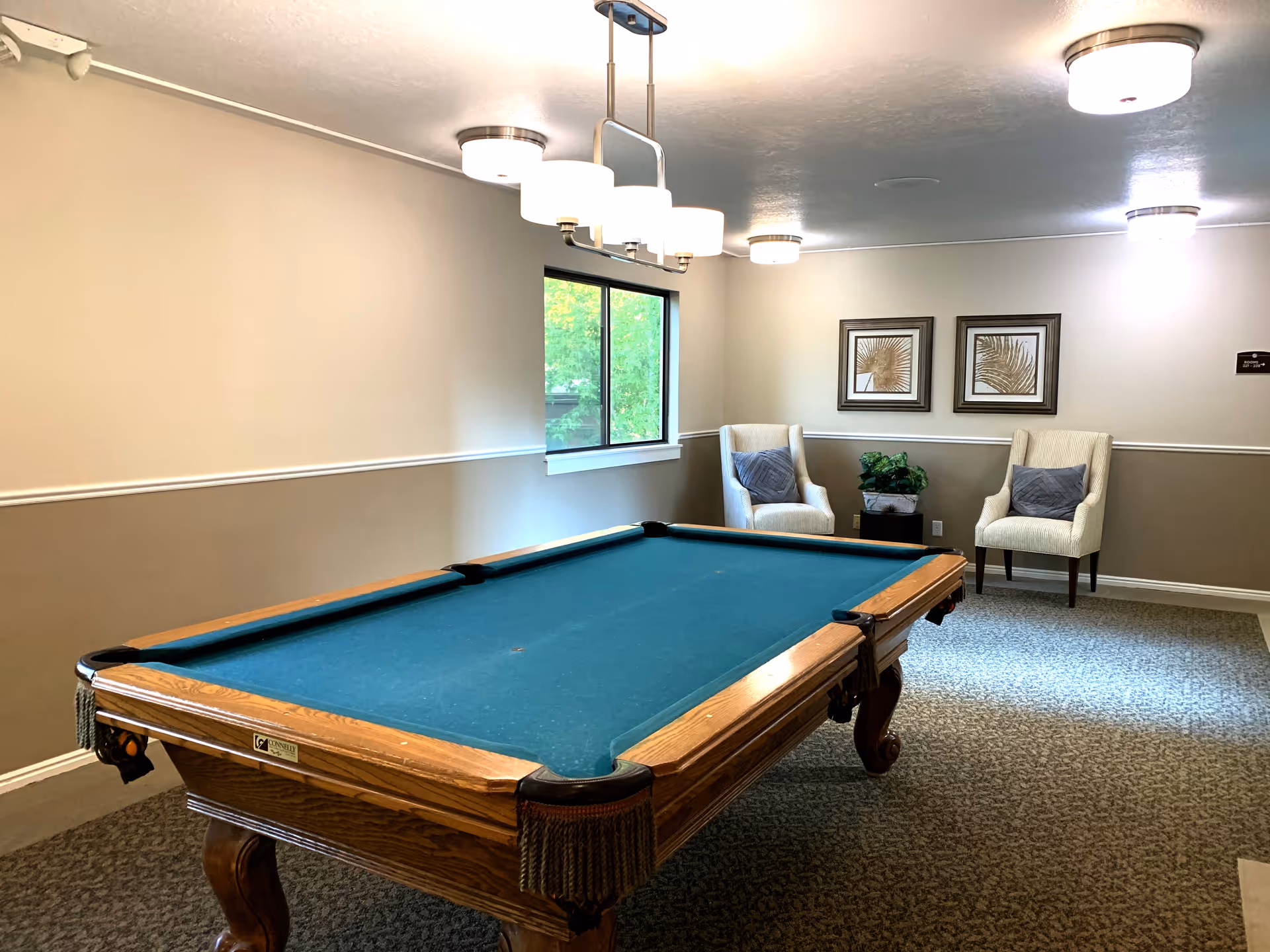 A well-lit room with a pool table in the center featuring a green felt surface and wooden frame. In the background, there are two beige upholstered chairs with gray pillows, a small table with a green plant, two framed leaf artworks on the wall, and a window showing greenery outside. The walls are painted beige and white with a chair rail, and the ceiling has multiple round light fixtures and a hanging light fixture above the pool table.