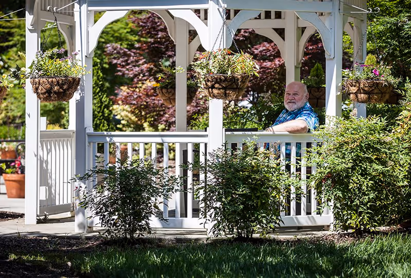 An elderly man with a beard sitting inside a white wooden gazebo surrounded by green bushes and hanging flower baskets, with trees and plants in the background on a sunny day.