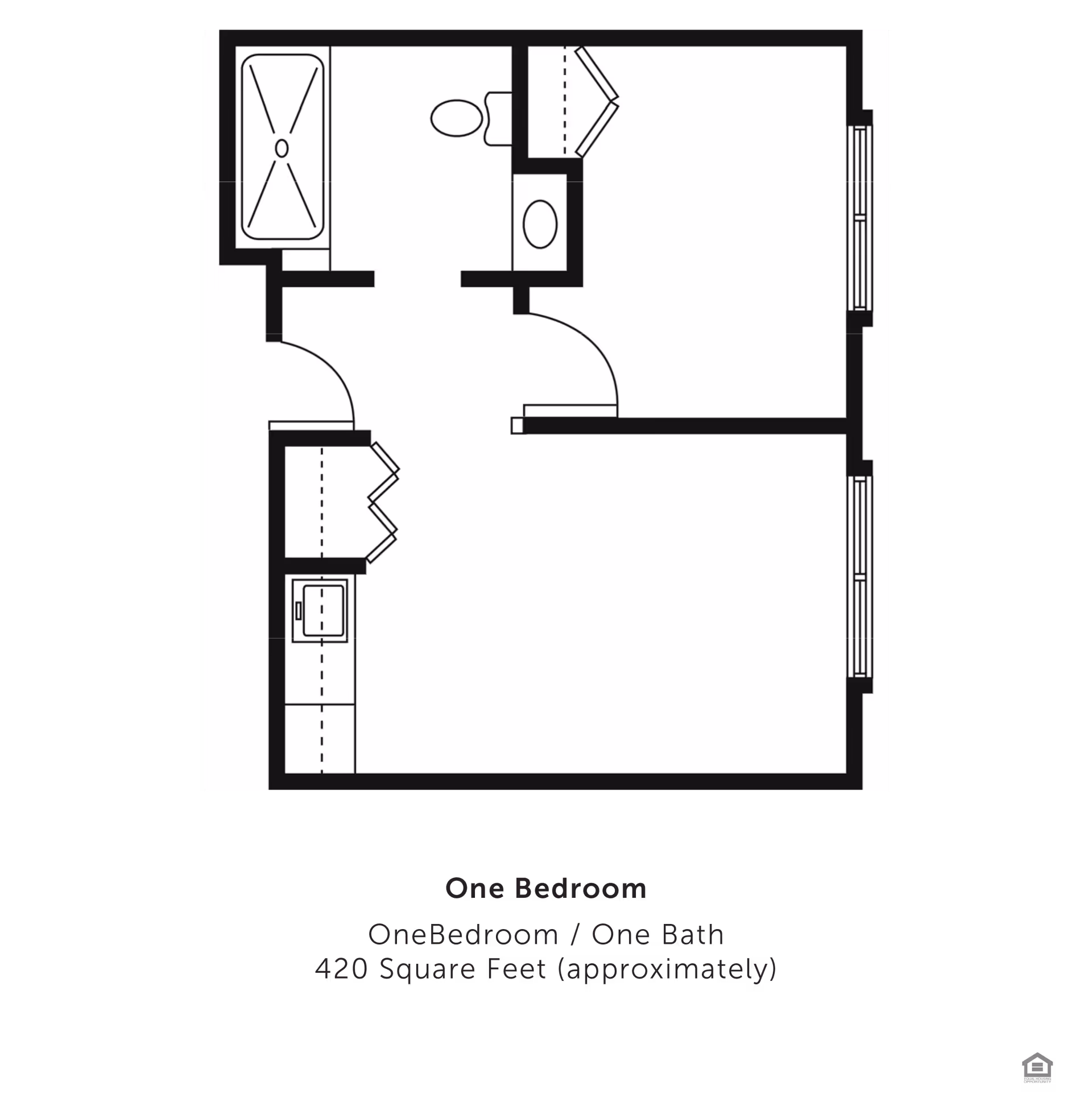 Floor plan of a one-bedroom, one-bath apartment approximately 420 square feet, showing layout with a bedroom, bathroom, kitchen area, and living space.