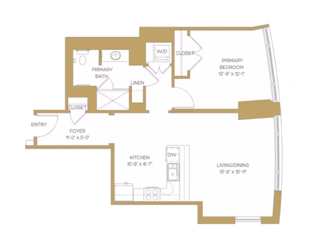 Floor plan of an apartment at The Clare showing a foyer, primary bedroom with closet, primary bathroom, linen closet, washer/dryer area, kitchen with dishwasher, and combined living and dining area.