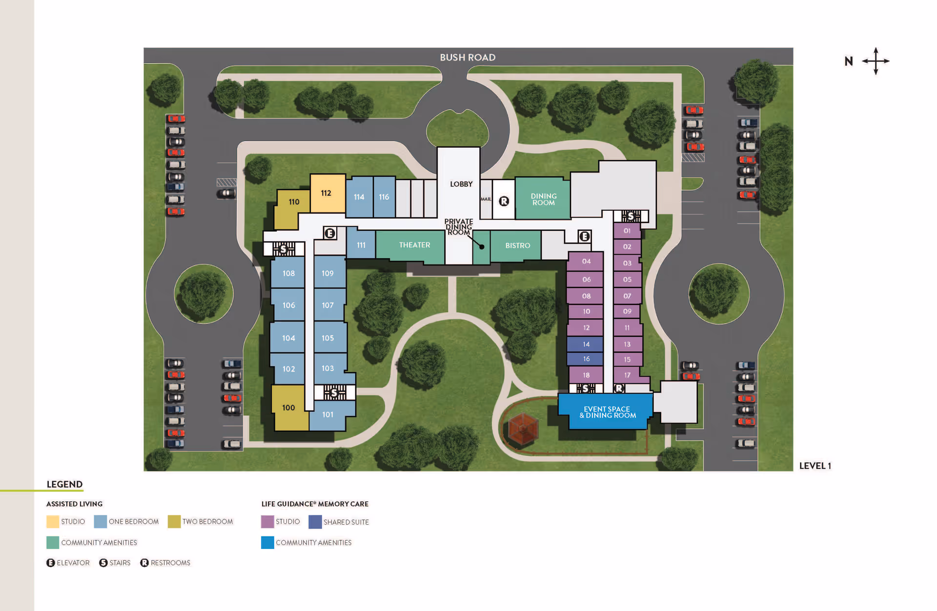 Floor plan of Atria Park of St. Josephs showing layout of assisted living and memory care areas, including studio, one-bedroom, and two-bedroom units, community amenities like theater, bistro, dining rooms, event space, elevators, stairs, restrooms, parking areas, and surrounding greenery with pathways.