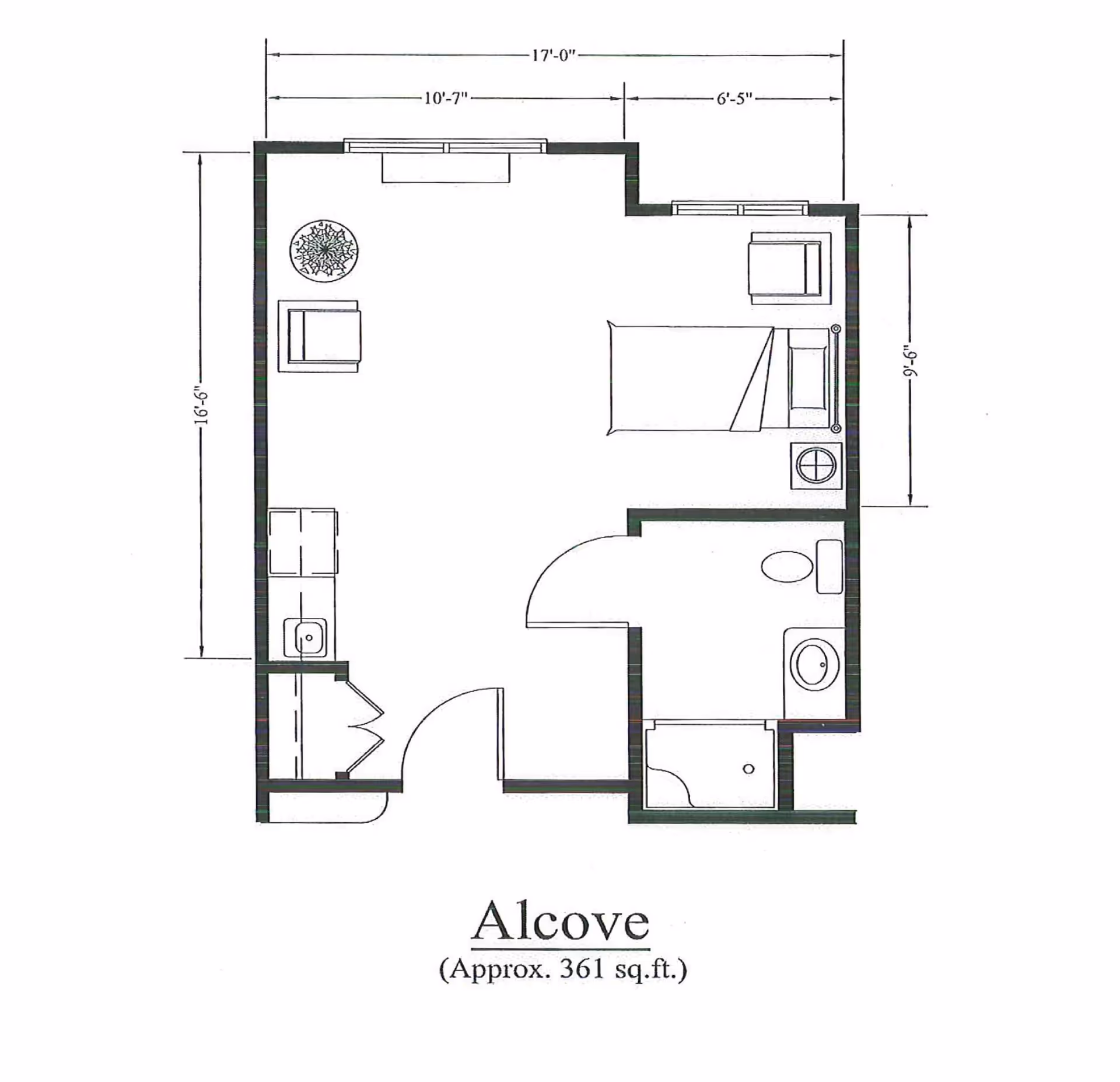 Floor plan of an alcove apartment approximately 361 square feet, showing a combined living and sleeping area with a bed, chairs, a small kitchenette with a sink, and a bathroom with a toilet, sink, and shower.