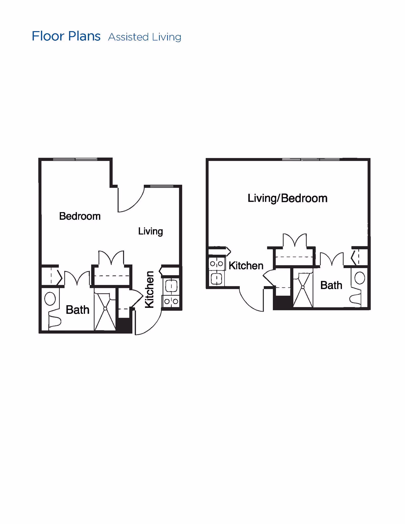 Floor plans for assisted living units at Brookdale Club Hill, showing two layouts. The first layout includes a bedroom, living area, kitchen, and bathroom. The second layout combines living and bedroom space, with a kitchen and bathroom.