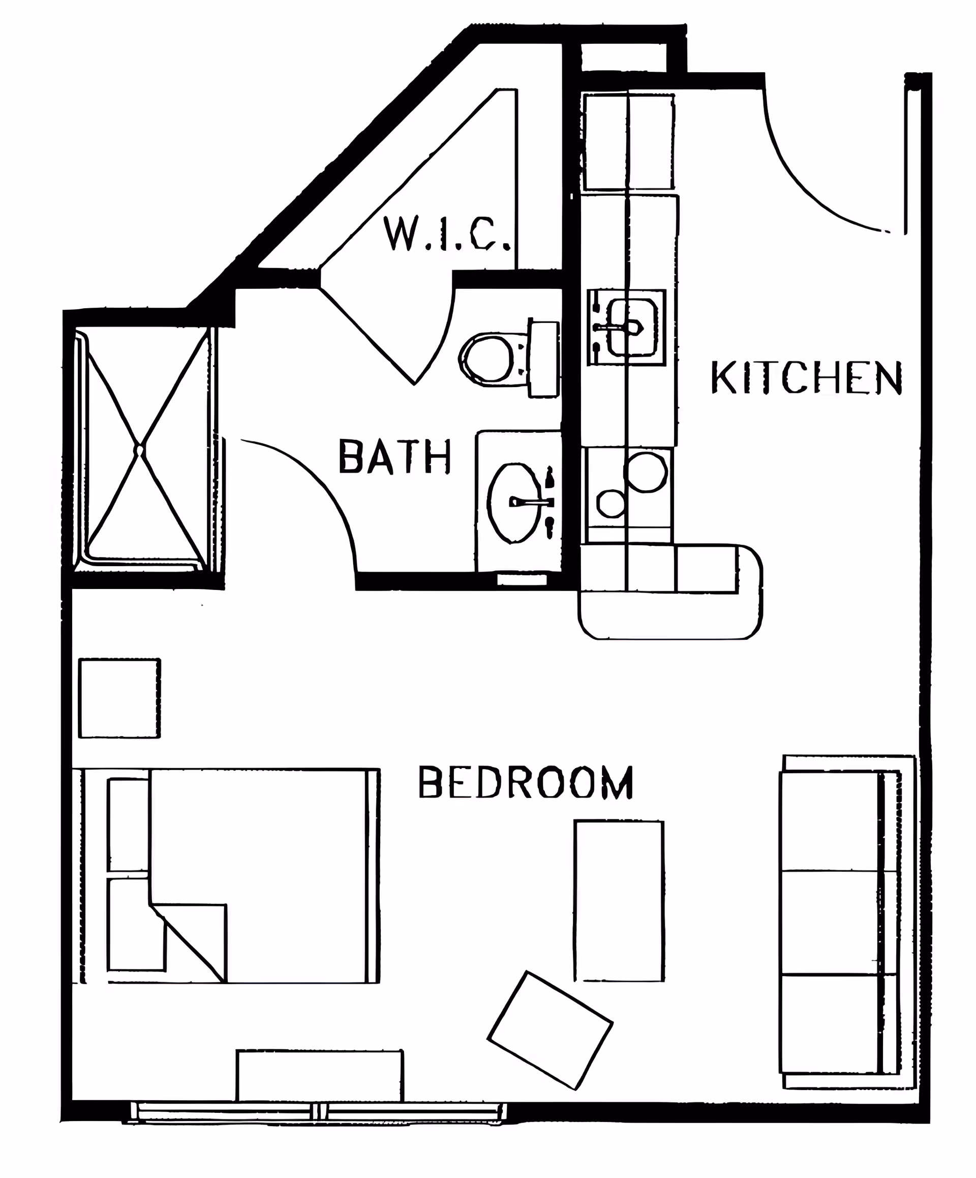 Floor plan of a living unit at TerraBella Windsor Lake showing a bedroom with a bed, a small table, and a couch, a kitchen area with a sink and counter, a bathroom with a toilet, sink, and shower, and a walk-in closet labeled W.I.C.