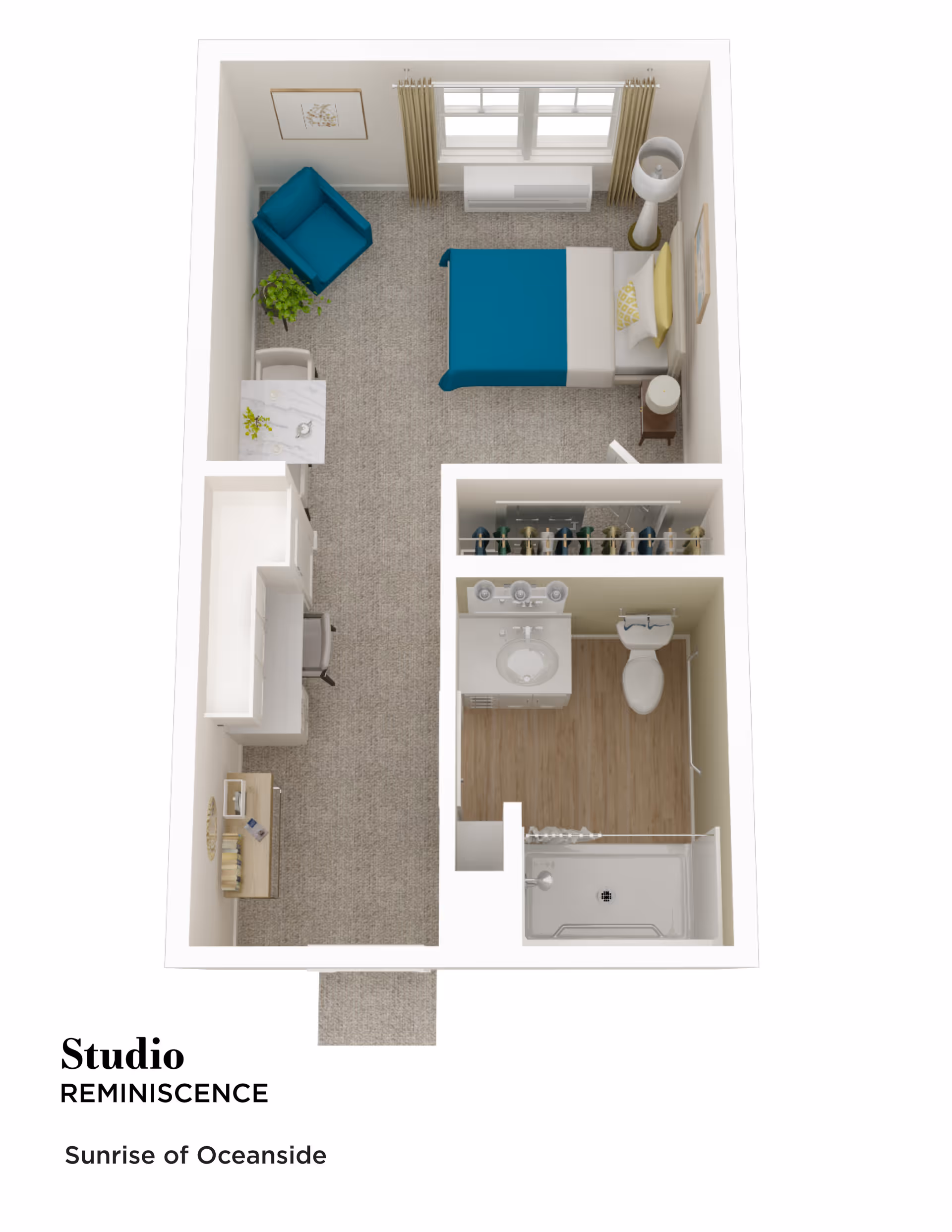 Top-down 3D floor plan of a studio apartment showing a bed, armchair, kitchenette/desk area, closet, and bathroom.
