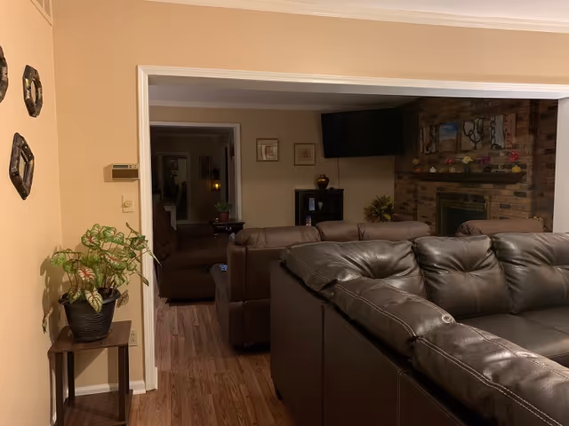 Interior view of a living room with brown leather sofas arranged around a brick fireplace. A flat-screen TV is mounted on the wall above a small cabinet with decorative items. There is a small table with a potted plant on the left side near the entrance to another room. The walls are painted beige and the floor is wooden.