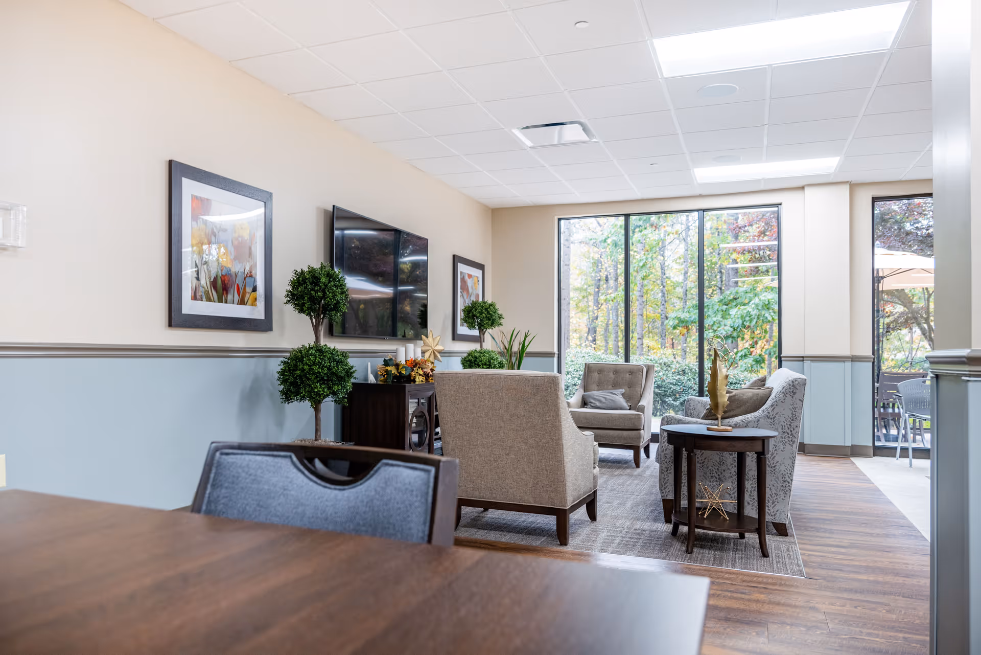 A bright and cozy senior living facility common area with beige and patterned armchairs arranged around a small round table. The room features large windows showing a view of trees outside, framed artwork on the walls, potted plants, and a flat-screen TV mounted on the wall. The flooring is wood with a rug under the seating area.