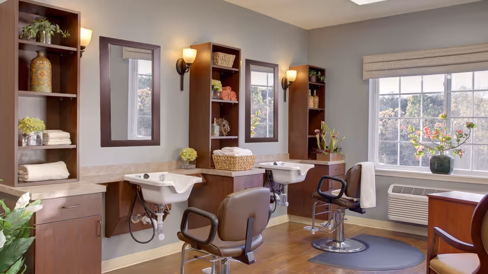 A bright and clean hair salon area with two brown salon chairs in front of white wash basins. The walls are light gray with wooden shelves holding towels, plants, and decorative items. Two mirrors are mounted above the wash basins, and there are wall-mounted lights on either side. A large window lets in natural light, with a vase of flowers on the windowsill. The floor is wooden with a mat under one chair.