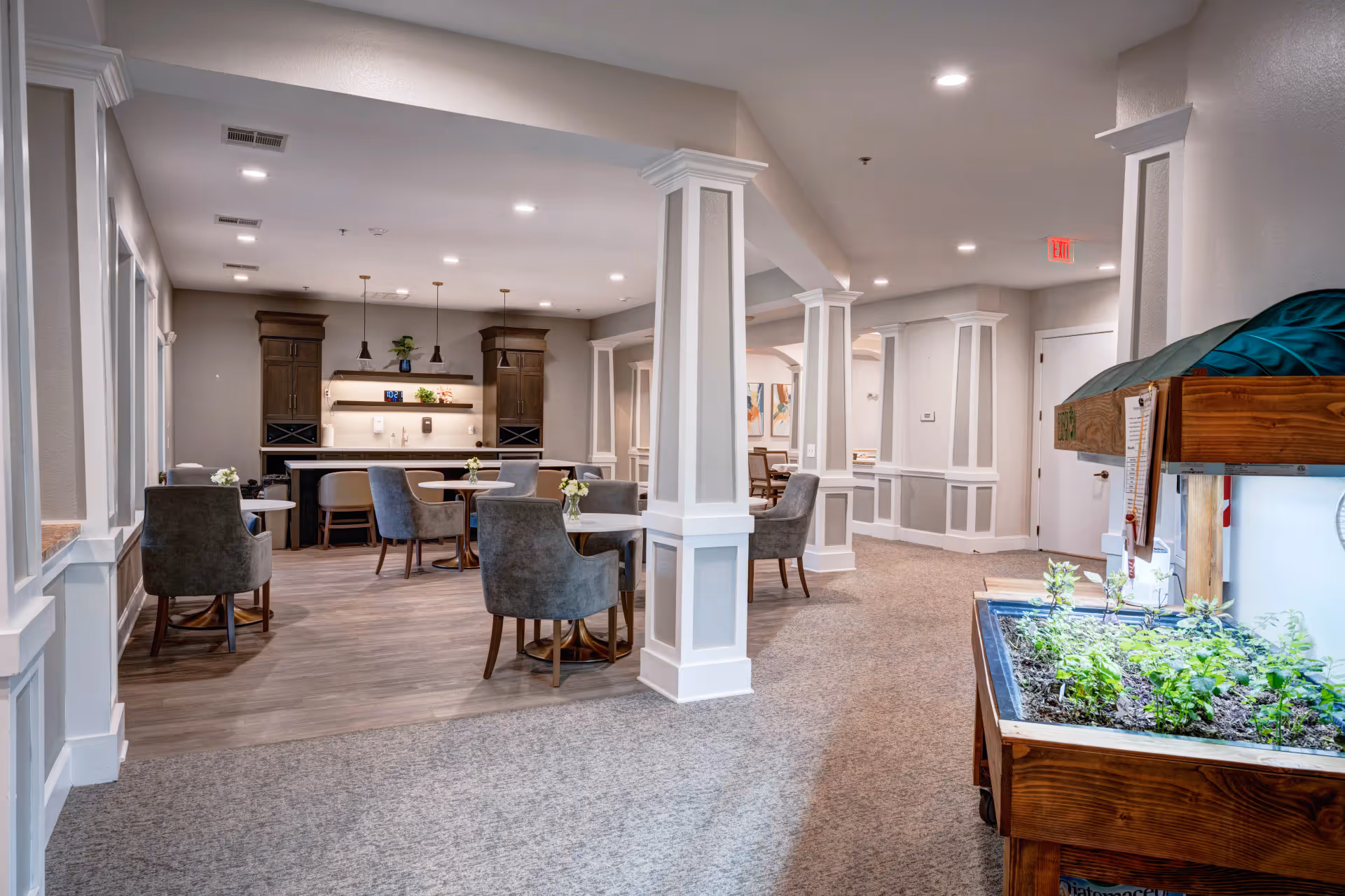 Interior view of a common area in an assisted living facility featuring a seating area with round tables and gray upholstered chairs. In the background, there is a kitchenette with dark wood cabinets, pendant lights, and shelves with decorative plants. The space has white pillars, recessed lighting, and a carpeted floor transitioning to wood flooring near the kitchenette. On the right side, there is a wooden indoor garden planter with green plants under grow lights.