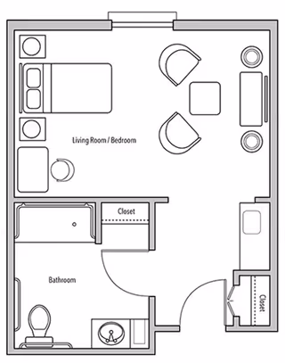 Floor plan of a small living space labeled Provident at Buda, showing a combined living room and bedroom area with a bed, two chairs, a small table, a dresser, and two closets. The floor plan also includes a bathroom with a toilet, sink, and bathtub.