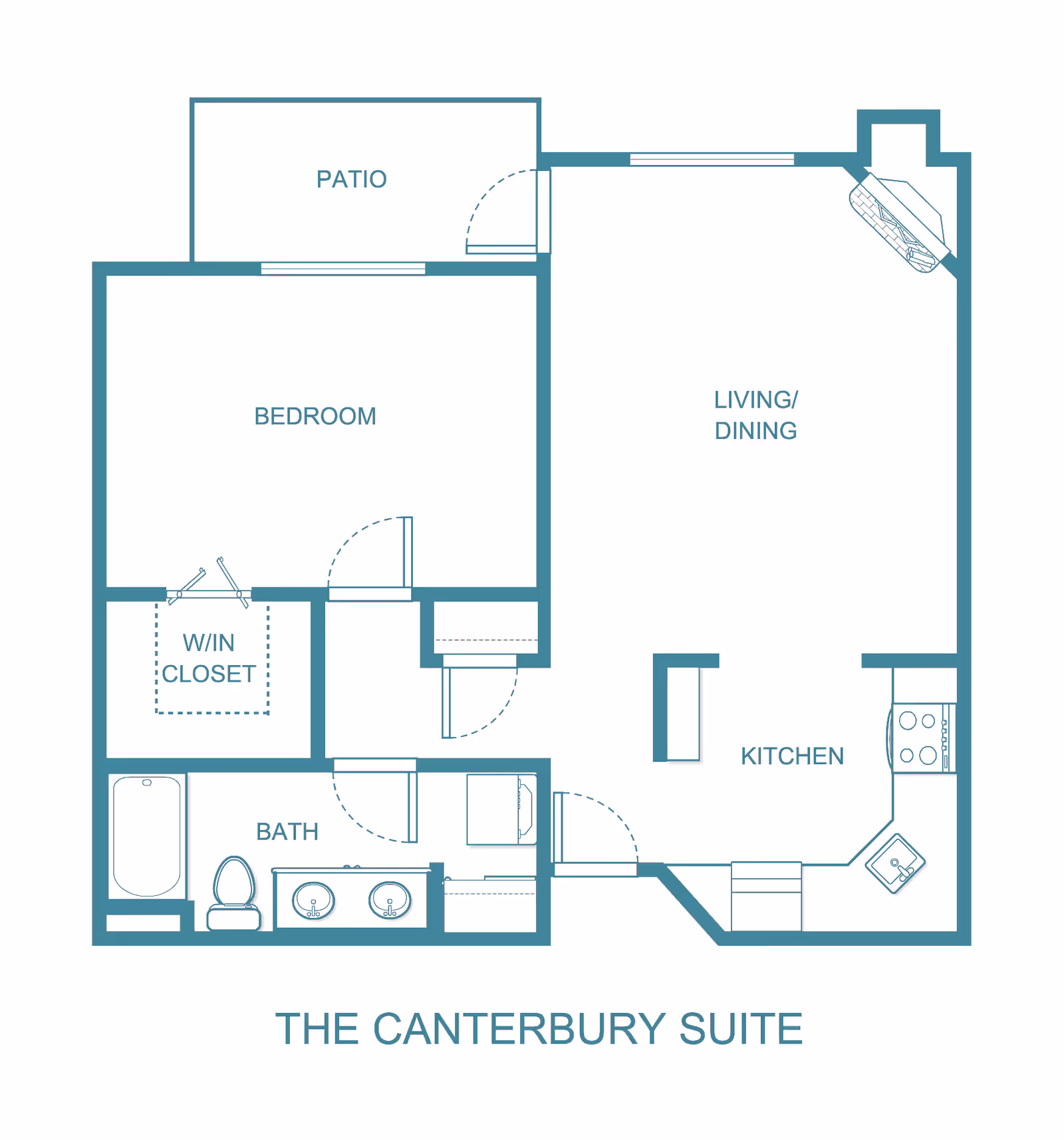 Floor plan labeled "The Canterbury Suite" showing a one-bedroom layout with living/dining area, kitchen, bathroom, walk-in closet, and patio.