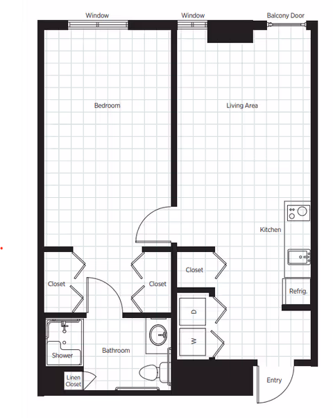 Floor plan of a one-bedroom apartment showing a bedroom, living area with kitchen, bathroom, multiple closets, windows, balcony door and entry.