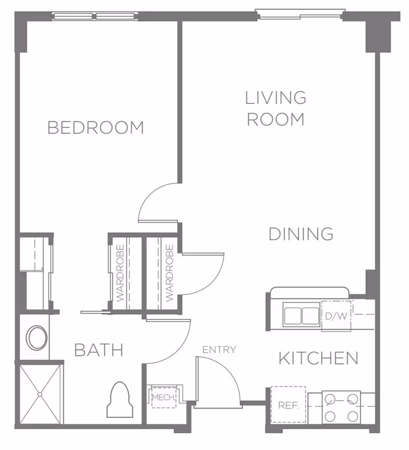 Grayscale floor plan of a one-bedroom apartment showing a bedroom, living room/dining area, kitchen, bathroom, entry, and two wardrobes.