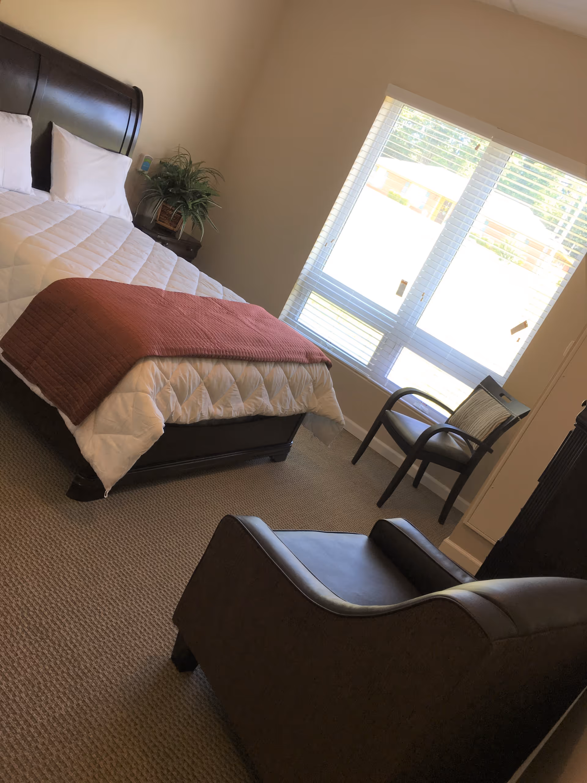 A bedroom with a neatly made bed featuring white bedding and a rust-colored throw blanket. There is a dark wooden headboard, a small nightstand with a plant, a window with blinds letting in natural light, and two chairs, one upholstered and one wooden with a cushion.