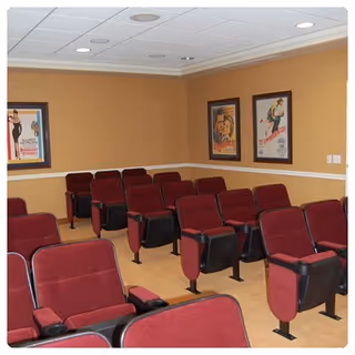 Small theater room with multiple rows of red cushioned seats and framed vintage movie posters on the beige walls.