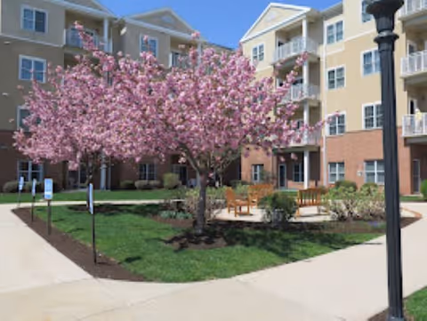 Outdoor courtyard area of a senior living facility with blooming pink cherry blossom trees, green grass, paved walkways, wooden benches, and a multi-story beige and brick building in the background under a clear blue sky.