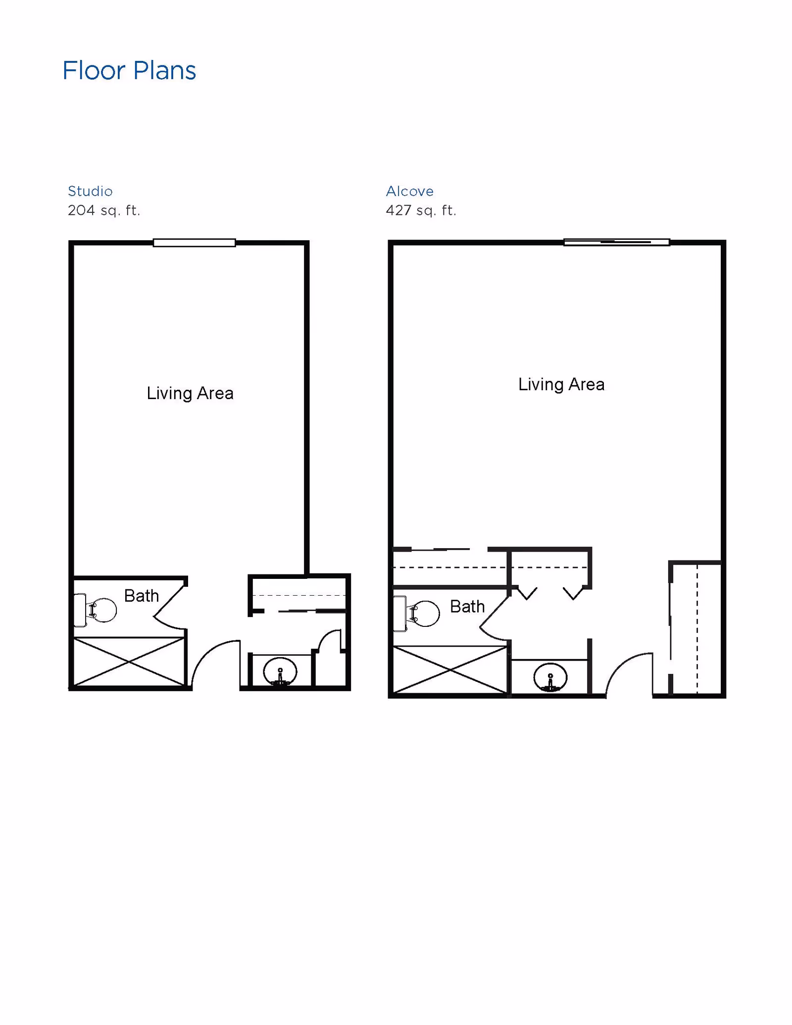 Floor plans for two types of living spaces at Brookdale Anaheim. The first is a Studio with 204 sq. ft. featuring a living area and a bath. The second is an Alcove with 427 sq. ft. featuring a larger living area, a bath, and additional closet space.