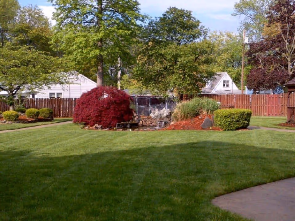 A well-maintained outdoor garden area with green grass, various bushes including a prominent red bush, trees, and a small water feature surrounded by mulch. There is a wooden fence in the background and a few houses visible beyond the fence under a partly cloudy sky.