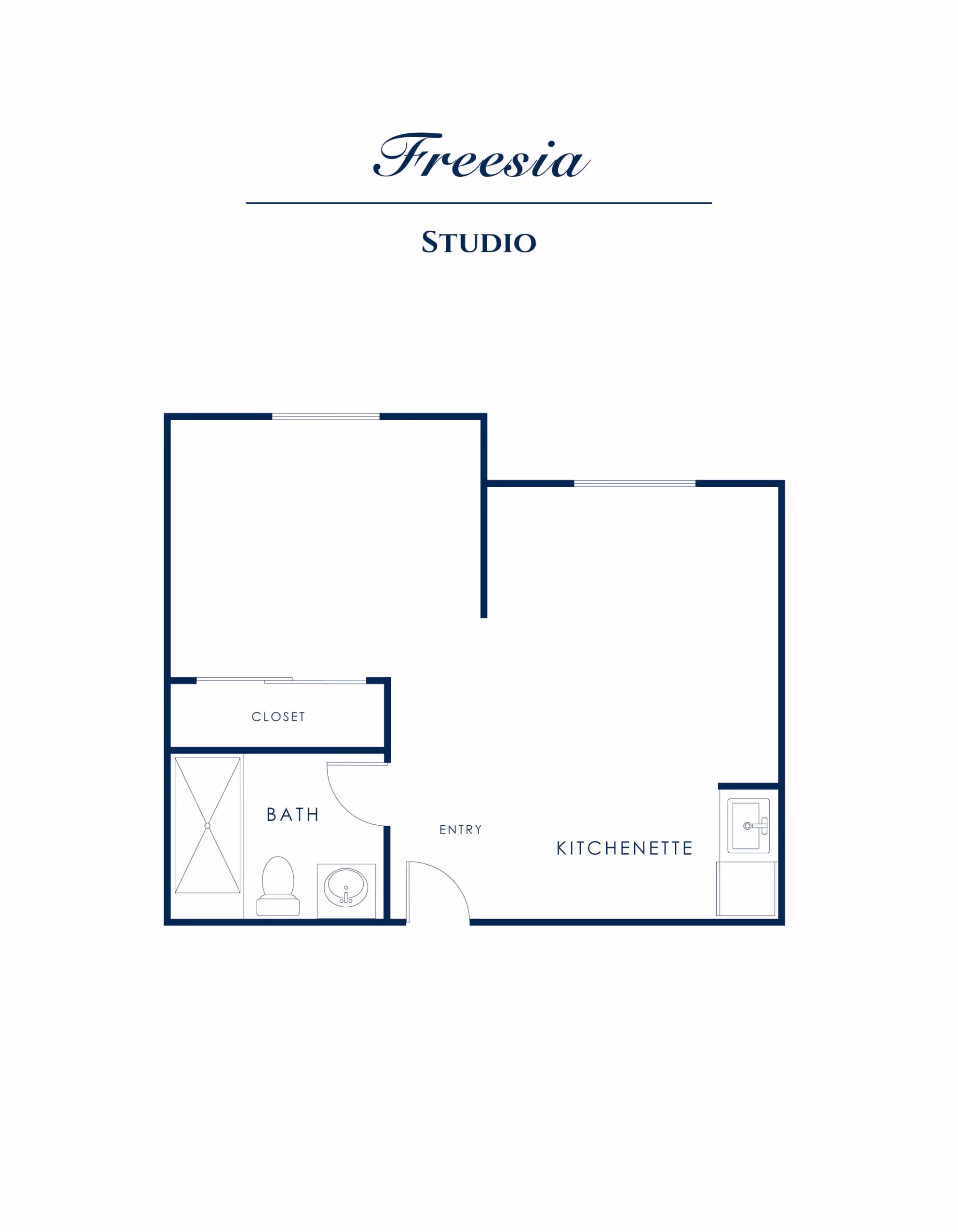 Floor plan labeled 'Freesia Studio' showing a studio layout with a kitchenette, bathroom, closet, and entry.