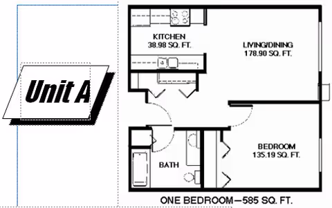 Floor plan layout of a one-bedroom unit labeled Unit A, showing a kitchen area of 38.98 square feet, a combined living and dining area of 178.90 square feet, a bedroom of 135.19 square feet, and a bathroom. The total area is 585 square feet.