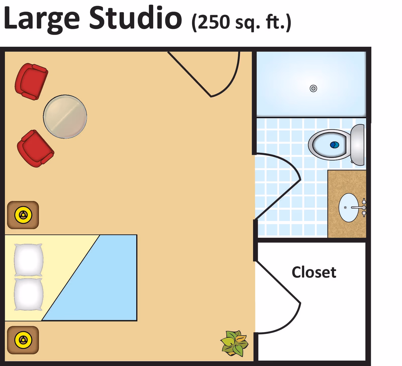 Floor plan of a large studio apartment measuring 250 square feet, showing a main living and sleeping area with a bed, two chairs and a round table, a bathroom with a shower, toilet, and sink, and a closet.